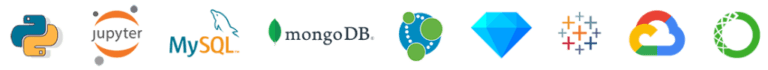 logos of the following methodologies and techniques: Python, Jupyter, MySQL, mongoDB, Neo4J, OpenRefine, Tableau, Google Cloud, and Anaconda